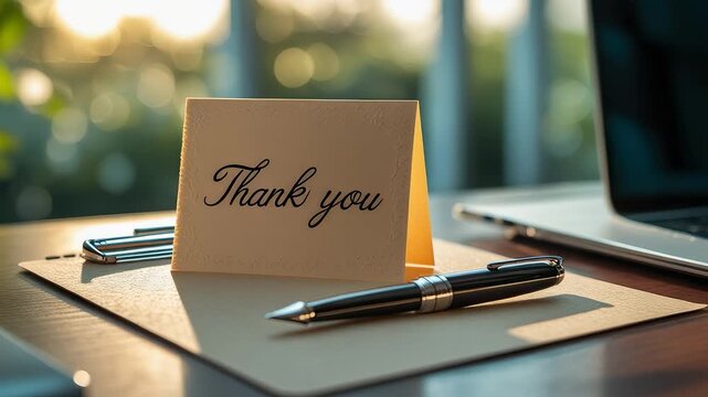 Elegant thank you card placed on desk with fountain pen laptop and sunlight creating warm professional appreciation message atmosphere