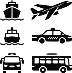 Public Transit and Travel Icons Pack  Boat, Ship, Airplane, and Ground Vehicles Vector