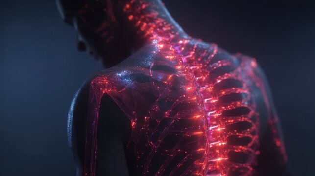 Medical visualization shows glowing red dermatomes across the back and shoulder of a human body, highlighting the affected areas of the nervous system