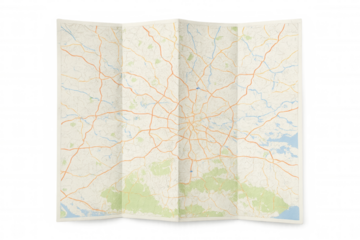 Paper road map unfolding highways, city routes against transparent backdrop, highlighting travel navigation details
