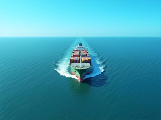 大型コンテナ船が青い海を進む 水面と青空 貨物輸送の光景