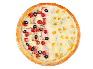 Half-and-half pizza with ham, olives, tomatoes, and four cheese topping
