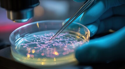 Closeup of gloved fingers marking CRISPR virus plaques on an agar plate with the sterile hoods interior softly out of focus emphasizing detailed analysis.