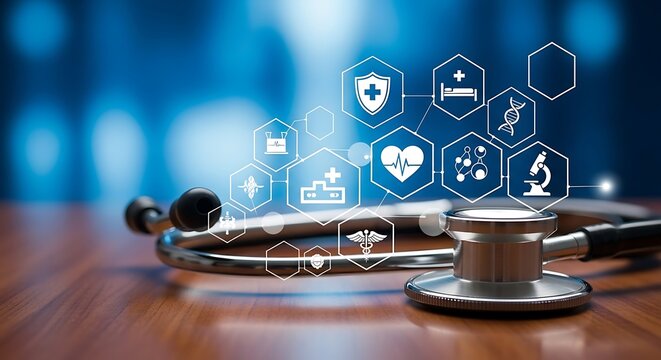 Stethoscope and glowing digital medical icons symbolizing healthcare technology, data management, patient wellness innovation.