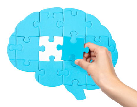 Hand Placing Colorful Puzzle Piece into Brain-Shaped Puzzle, Top View, Transparent Background