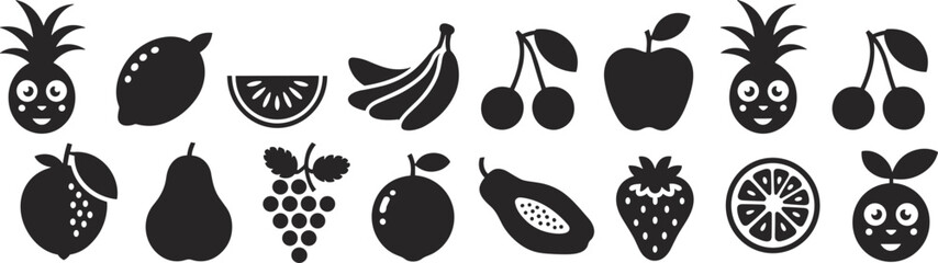 Fruit icons, healthy food, tropical fruits, black silhouette, minimal style, vector set, smiling fruit, nutrition graphic, summer snack, organic design