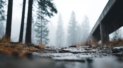 Wet forest trail with rocks and pine needles on a foggy day beside a concrete bridge.
