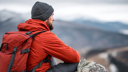 Man in red jacket, beanie and backpack sitting on a rock and admiring mountain landscape.