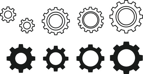 Gear icon set, mechanical symbols, engineering design, vector illustration, black silhouette, outline gears, industrial concept, UI elements, rotation graphics