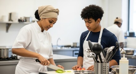 A chef and a student in a kitchen, preparing food.