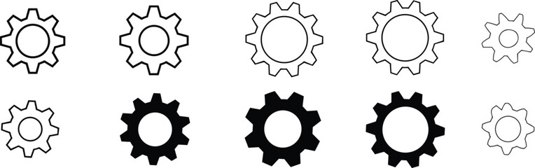 Gear icon grid, mechanical symbols, black silhouette, vector illustration, engineering design, rotation concept, cogwheel elements, industrial system, UI graphic set