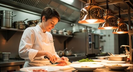 A chef in a professional kitchen, preparing food with precision.