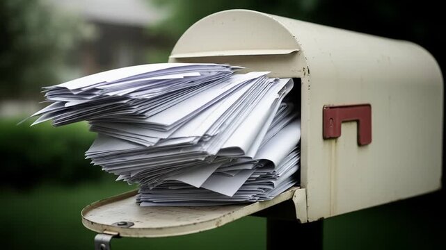 A mailbox overflowing with letters and documents in a green setting.