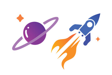 Modern Space Flat Logo Set with Gradients - Futuristic Rocket & Planet Vector Icons