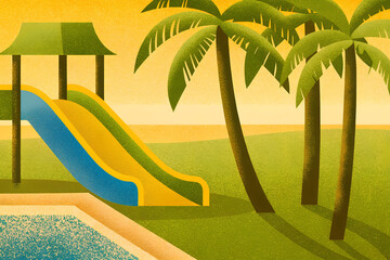 Tropical playground with slide by a pool under palm trees, sunny landscape illustration