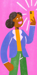colorful illustration of happy person taking selfie with smartphone vibrant digital artwork on pink background emphasizing modern technology and social media connection