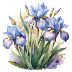 Blue iris flowers, elegant floral watercolor art botanical beauty, nature illustration, vibrant garden blooms