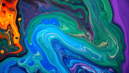 A vibrant abstract painting showcases a mesmerizing interplay of swirling colors, including blues, greens, oranges, and purples.