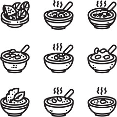 Ham and Bean Soup black Line Editable Icons set