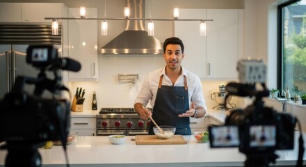 Fototapeta premium A man in a white shirt and apron, cooking in a modern kitchen with stainless steel appliances and white cabinets.