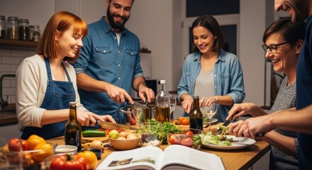 A group of people cooking together in a kitchen, preparing a meal.
