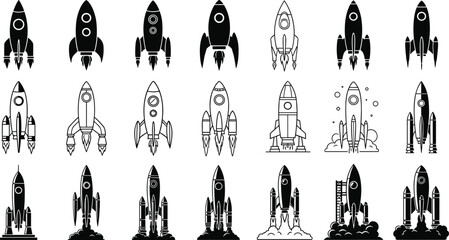 Rocket icons, space illustration, spacecraft design, launch vector, black and white, booster shapes, astronaut theme, science art, minimal style, grid layout
