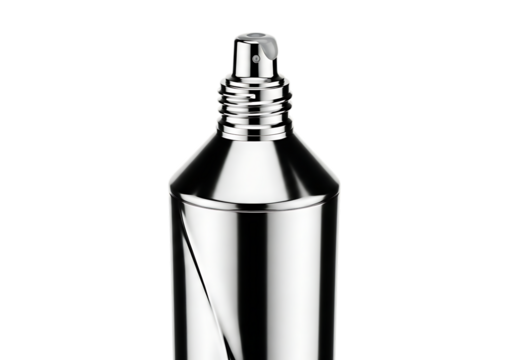 Shiny silver metal cosmetic tube with spray nozzle isolated on transparent background
