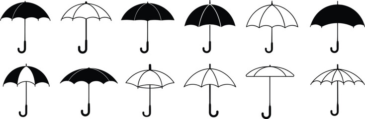 umbrella icons set, rain protection symbols, weather safety, storm gear, waterproof canopy, parasol designs, vector outline and filled, black and white © Ideasy Mind