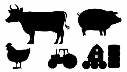 Black silhouette of farm animals including a cow pig chicken and tractor with a barn and hay bales nearby