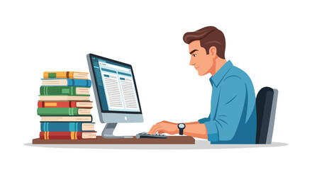 A young man in a blue shirt working on a desktop computer next to a tall stack of colorful books.