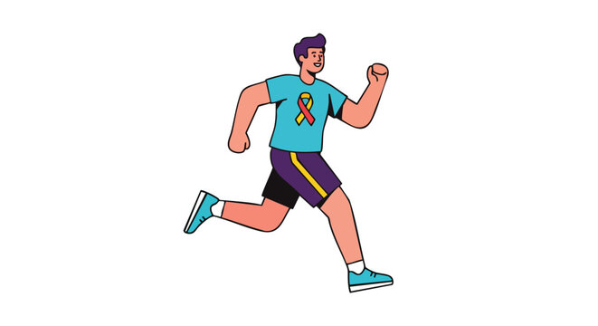 A young man running a charity marathon wearing a tshirt with a colorful awareness ribbon for a cause. - Powered by Adobe