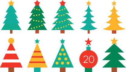 Collection of flat design christmas trees in various colors and styles