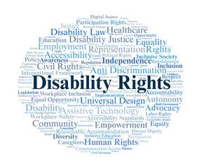Disability Rights Word Cloud. Key Terms On Equality, Inclusion, Accessibility, Human Dignity, Legal Protection, And Advocacy For Persons With Disabilities.