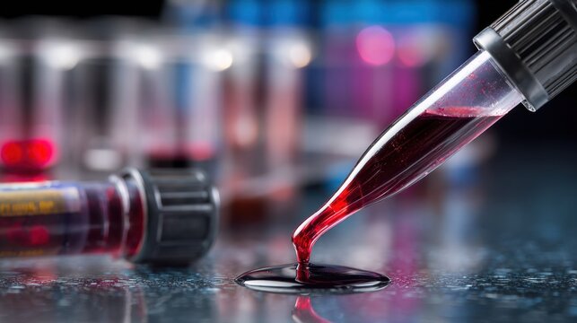 Focused medium shot of blood collection tube filling with dark red blood background of lab equipment out of focus representing senolytic therapy biomarker extraction process.