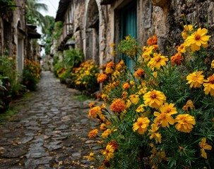 Cobblestone street lined with stone buildings, arched doorways, and vibrant yellow flowers. A serene, historic setting
