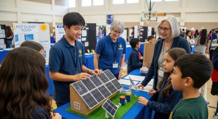 Students at a science fair, examining a solar-powered model house.