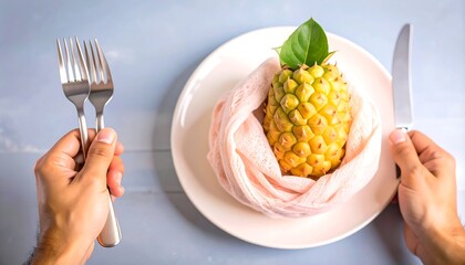 A small, vibrant yellow pineapple is artfully arranged on a white plate draped with a delicate pink cloth napkin, ready to be savored.