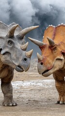 Two triceratops in prehistoric landscape with dramatic sky