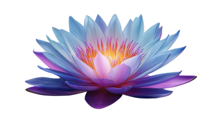 Water lily flower, in shades of blue and purple, with a glowing light effect, cutout