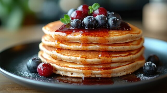 Stack of pancakes with fresh berries and syrup drizzle on a plate. National Pancake Day