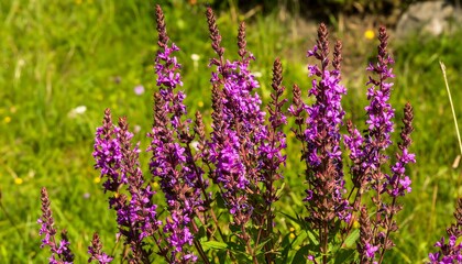 Obraz premium Vibrant purple wildflowers stand tall in a field of lush green grass, showcasing a burst of summer color.