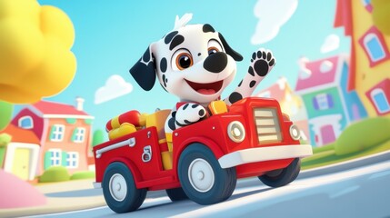 Animated dalmatian puppy driving toy fire truck in colorful cartoon town. National Fire Pup Day