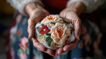 Elderly caucasian female hands holding embroidered floral cushion with delicate roses