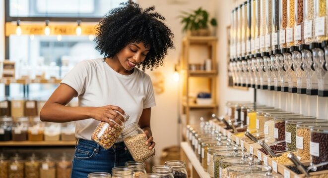 A woman in a white t-shirt and jeans is pouring a jar of grains into a display of jars in a zero-waste store. - Powered by Adobe