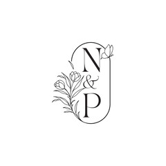 caligraphic style monogram luxury minimalist logo design NP wedding initial concept alphabet letter
