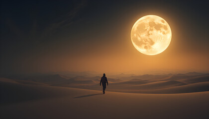 "Golden Desert Wanderer with Giant Moon &ndash; Surreal Fantasy Landscape"