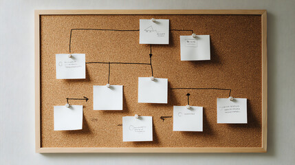 Visual strategy initiative checkpoint is displayed on corkboard with notes organized clearly