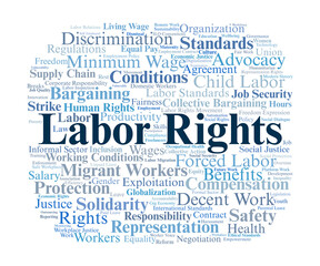 Labor Rights Word Cloud. Core Concepts On Workers, Wages, Safety, Unions, Equality, Justice, And Global Standards In Employment Rights And Workplace Protection.