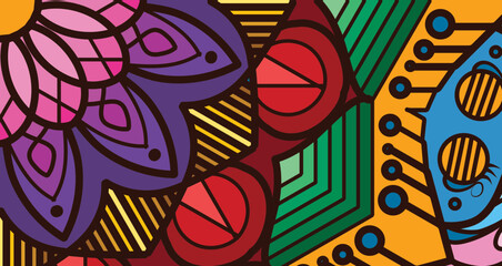 Vibrant abstract geometric pattern with floral and circuit board elements