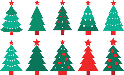 A collection of festive flat design christmas trees with red stars